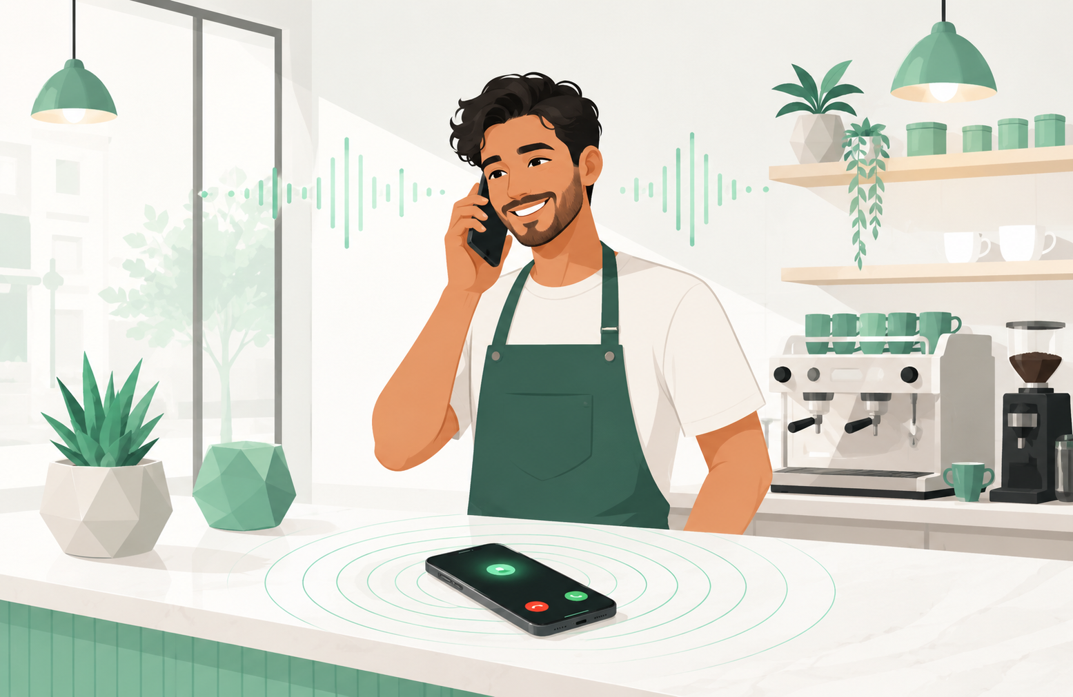 Cafe owner speaking on the phone