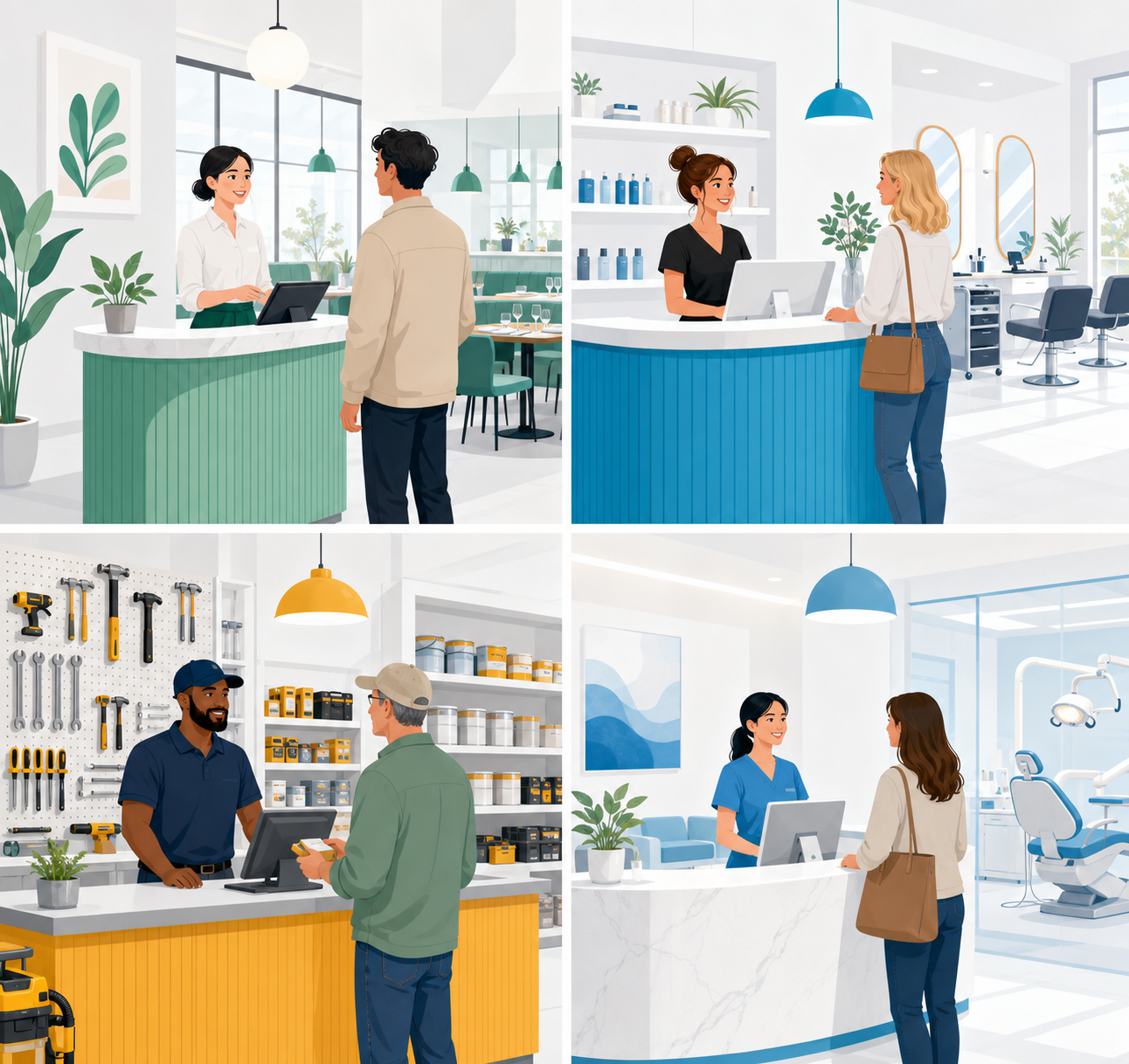 Four small businesses: restaurant, salon, hardware store, clinic
